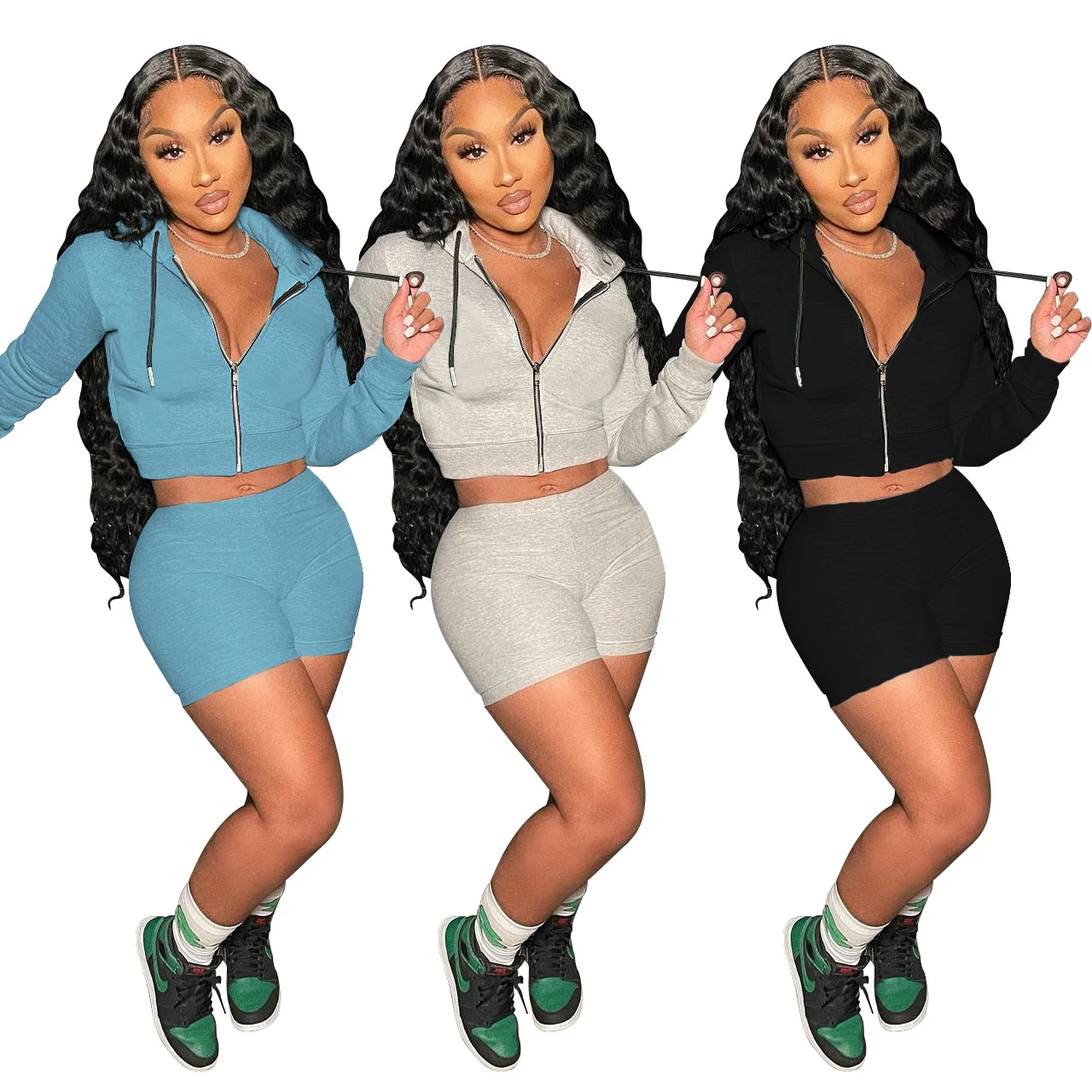 

2022 New Arrivals 2 Piece Short Set Women Fall Clothes Fashion Biker Shorts Short Set Zipper Crop Top Hoodie Set, Picture