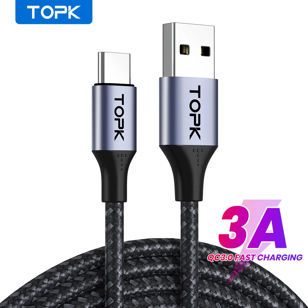 

TOPK AN10 1M USB Quick Charge Type C 3A Fast Charger Phone USB Charging Data Cable, Black/red