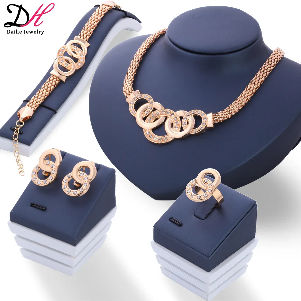 

European and American jewelry set ornaments five ring set necklace earring bracelet ring four-piece set, Gold, silver