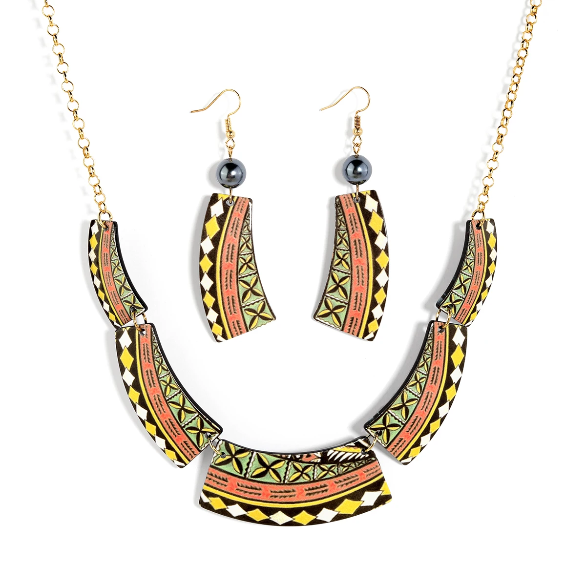 

Vintage American samoan Tribe Acrylic gold bride earrings set and necklace women