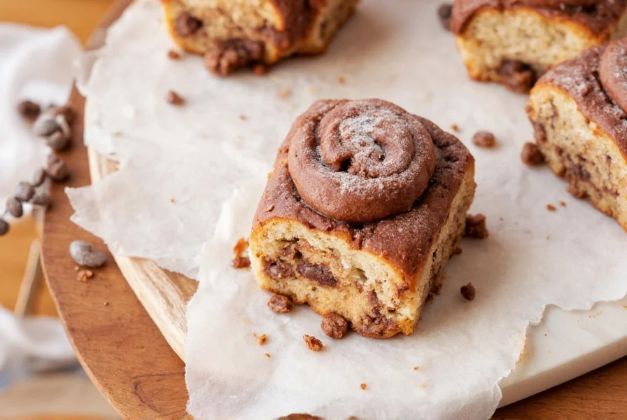 Close-up of golden brown hot chocolate cinnamon rolls with melted chocolate dripping from the layers on a wooden table