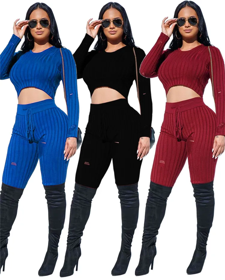 

Hot Selling Ladies Set Suits Plain Color Hollow Out Hoodie Cropped Tops Leggings 2 Piece Outfit Sexy Casual Women Sets, Picture