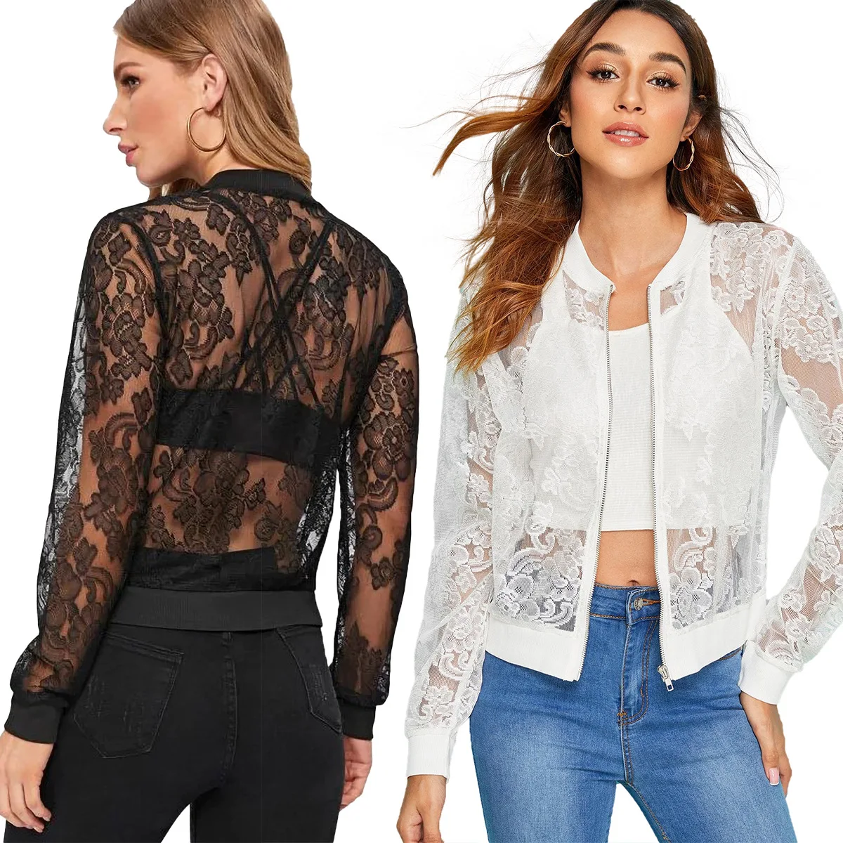 

Hot selling fall latest fashion see-through lace women's sexy jackets and customize coats