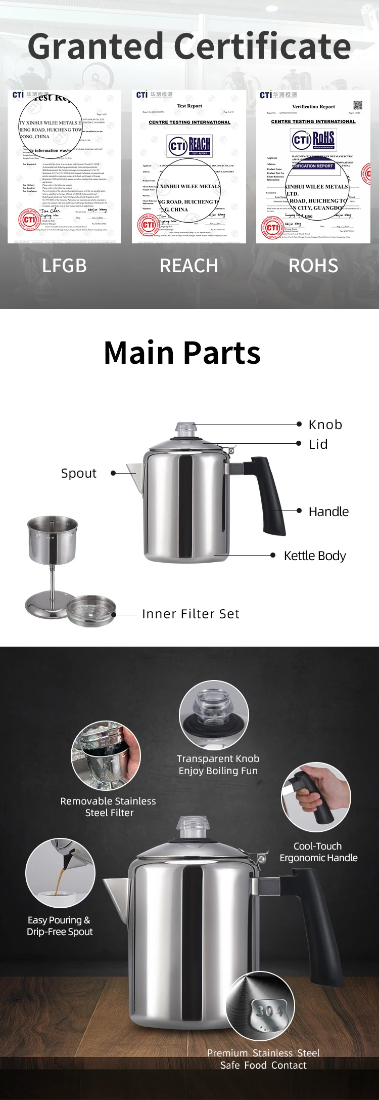 stainless steel stove up stovetop induction fda certification grade espresso moka pot coffee maker