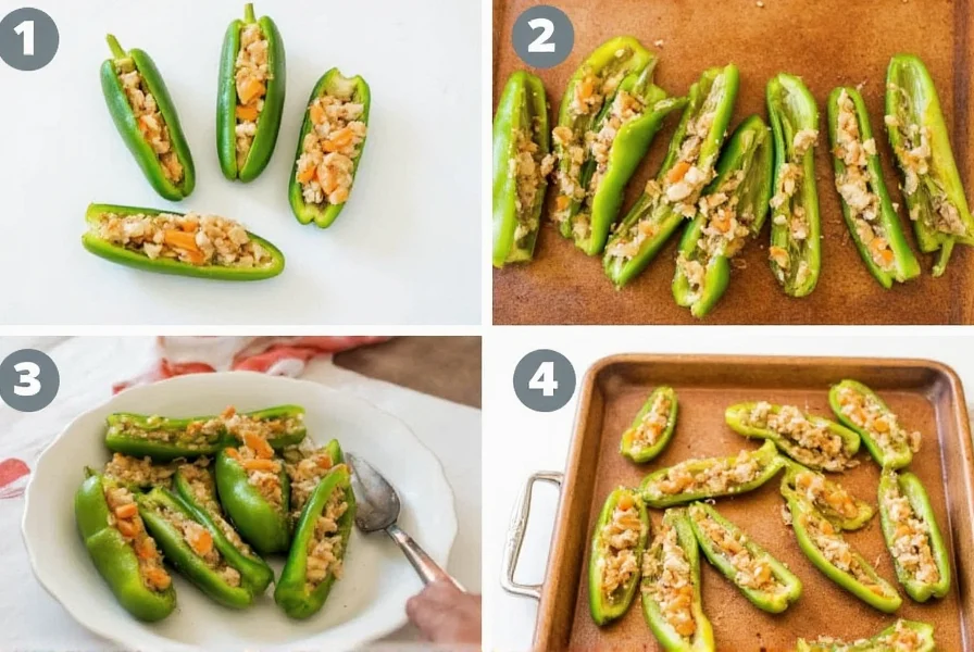 Step-by-step preparation of stuffed banana peppers showing peppers cut lengthwise, filling mixture, and baked finished product