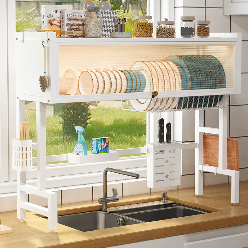 Over Sink Dish Drying Rack with Dustproof Cabinet Door 2 Tier Large Storage Kitchen Dish Retractable Drainer Rack