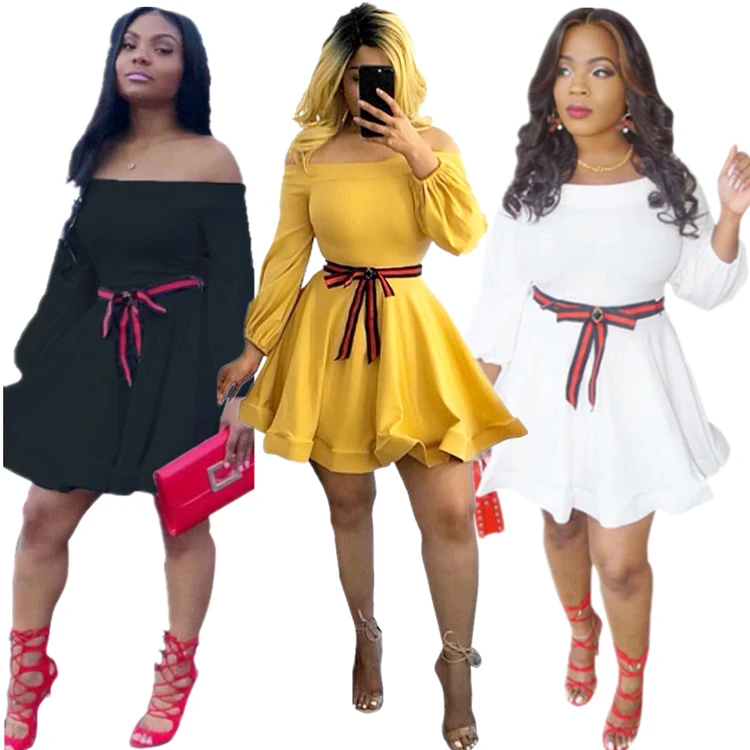 

2020 Spring Casual Off Shoulder Solid Color Mini Elegant Dress with Sashes