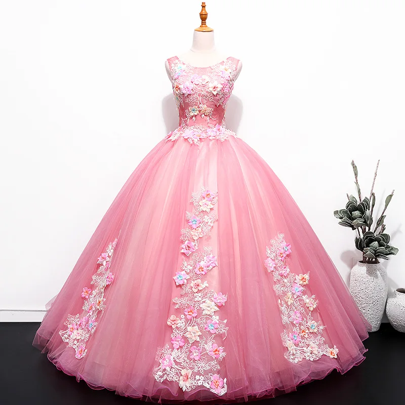 

Evening Dress Girls Princess Ball Gown Women Party Dresses Appliqued Lace Pink Adult Quinceanera Dresses, As shown