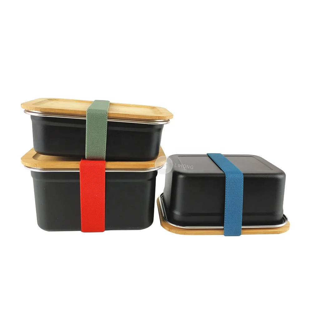 

LIHONG New Arrival Eco-friendly Seal Metal Food Container Stainless Steel Lunch Bread Bento Box With Bamboo Lid, Silver