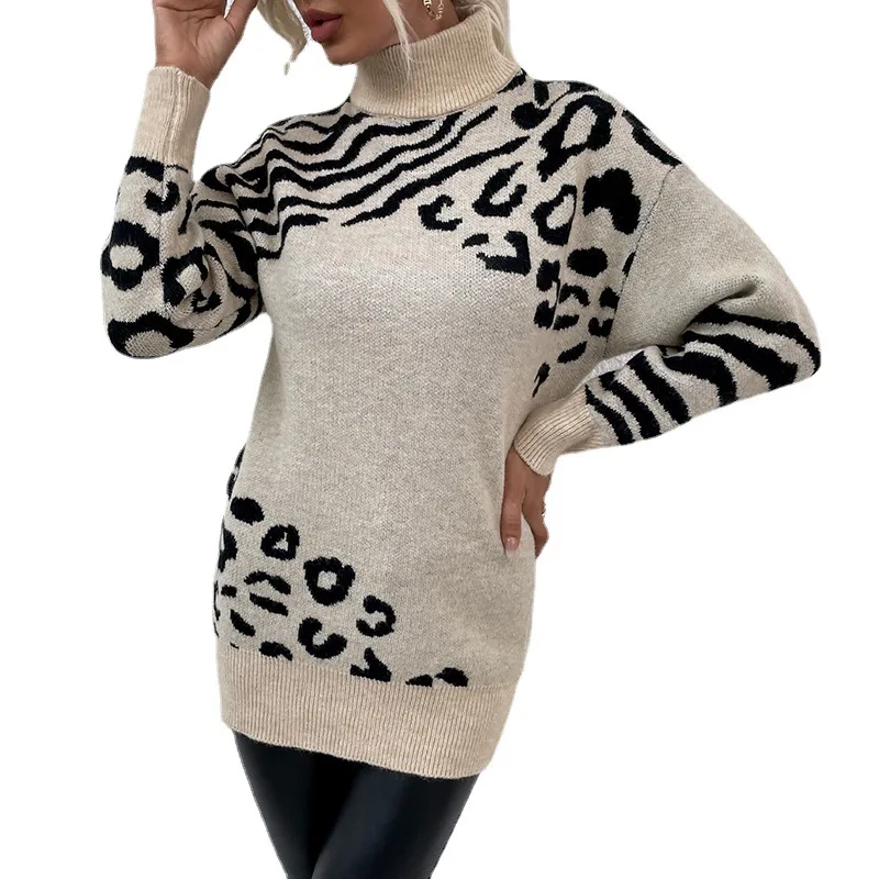 

High Quality Leopard Knit Pullover Dresses Turtle Neck Casual Women's Sweaters Dress For Winter