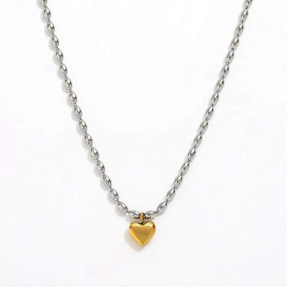 Joolim 18k Gold Plated PVD Chunky Bead Chain Heart Pendant Two-tone Necklace Stainless Steel Wholesale