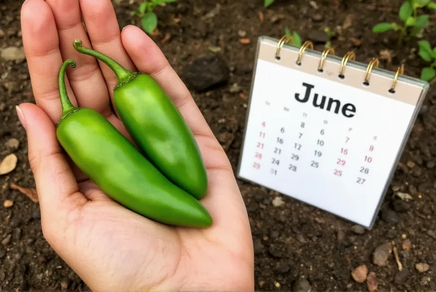 Hand holding freshly harvested early jalapeno peppers next to a garden calendar showing June harvest date