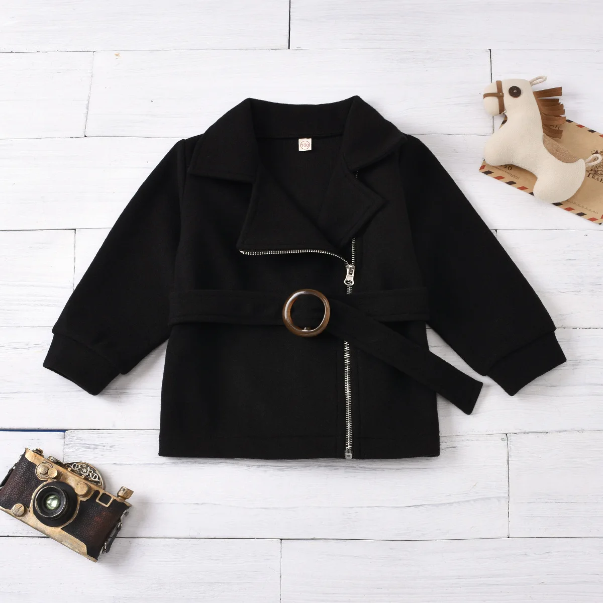 

New autumn children girl Black lapel single-breasted trench coat with belt