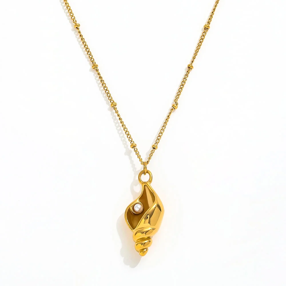 Joolim Jewelry 18K Gold Plated Dainty Chain Imitation Pearl Sea Snail Pendant Necklace Trendy Tarnish Free Gold Jewelry