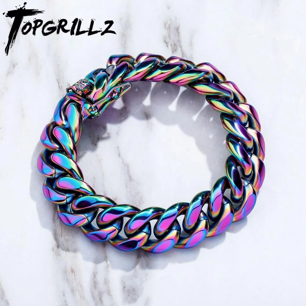 

TOPGRILLZ Stainless Steel Bracelet 10mm 14mm Cuban Chain Bracelets Hip Hop Rock Fashion Color Jewelry Gift