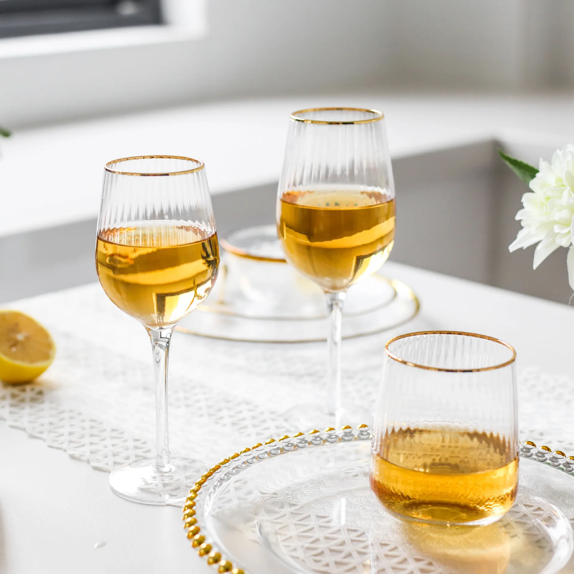 

2021 Classic Delicated Fancy Glass Gold Rim Wine Water Drinking Glass For Party Wedding tableware Decoration, Gold rim clear color