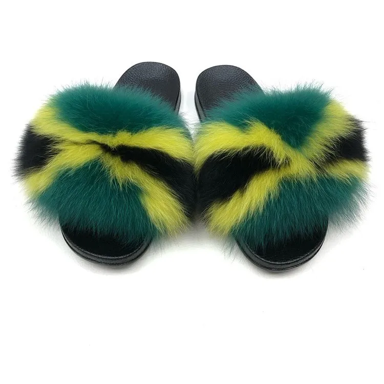 

Custom wholesale fashion women real Fur Slides Black Fur Slides Indoor Slippers, Customized color