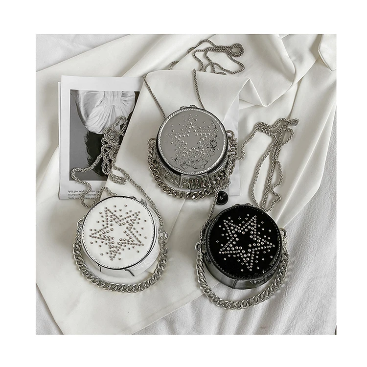 

Mini Round Hand Bags Rivet Five-pointed Star Design Chain Shoulder Crossbody Bags Ins Popular Patent Leather Purses and Handbags