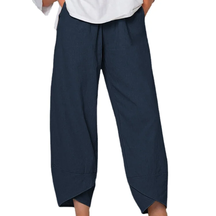 

Wide leg pants loose casual cotton and linen elastic waist cropped pants women