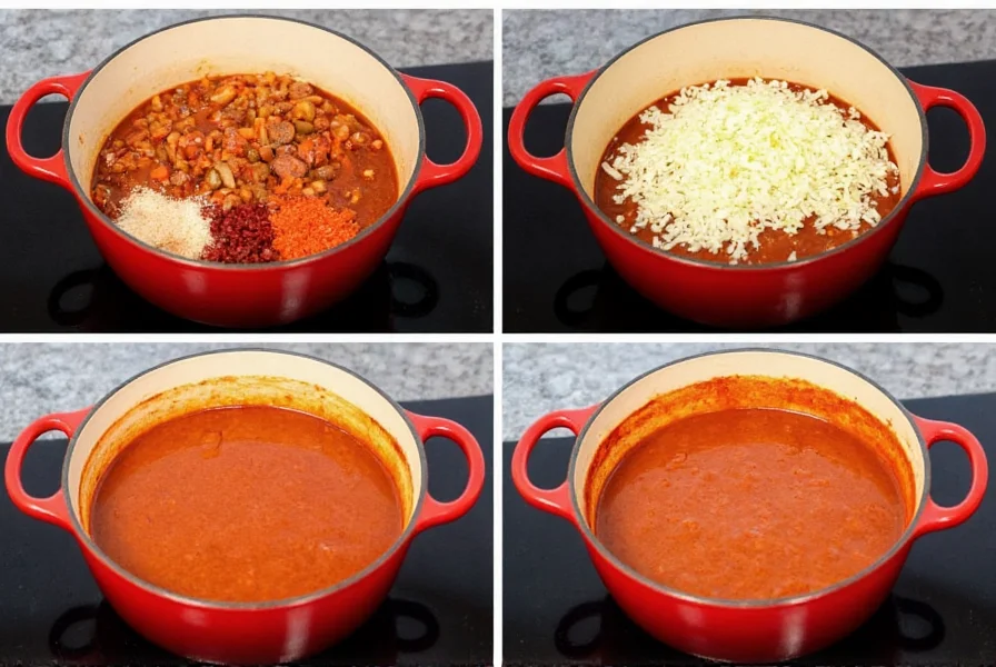 Step-by-step preparation of easy stovetop chili recipe showing ingredients in a large pot on stove
