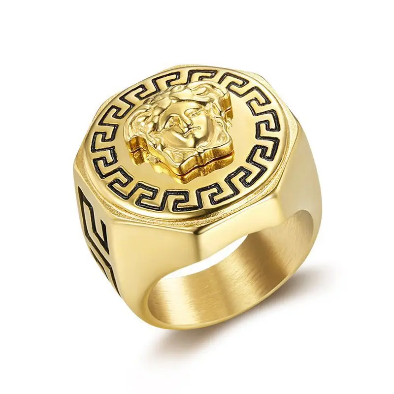 

Gold plated ancient greece ring stainless steel medusa hip hop ring
