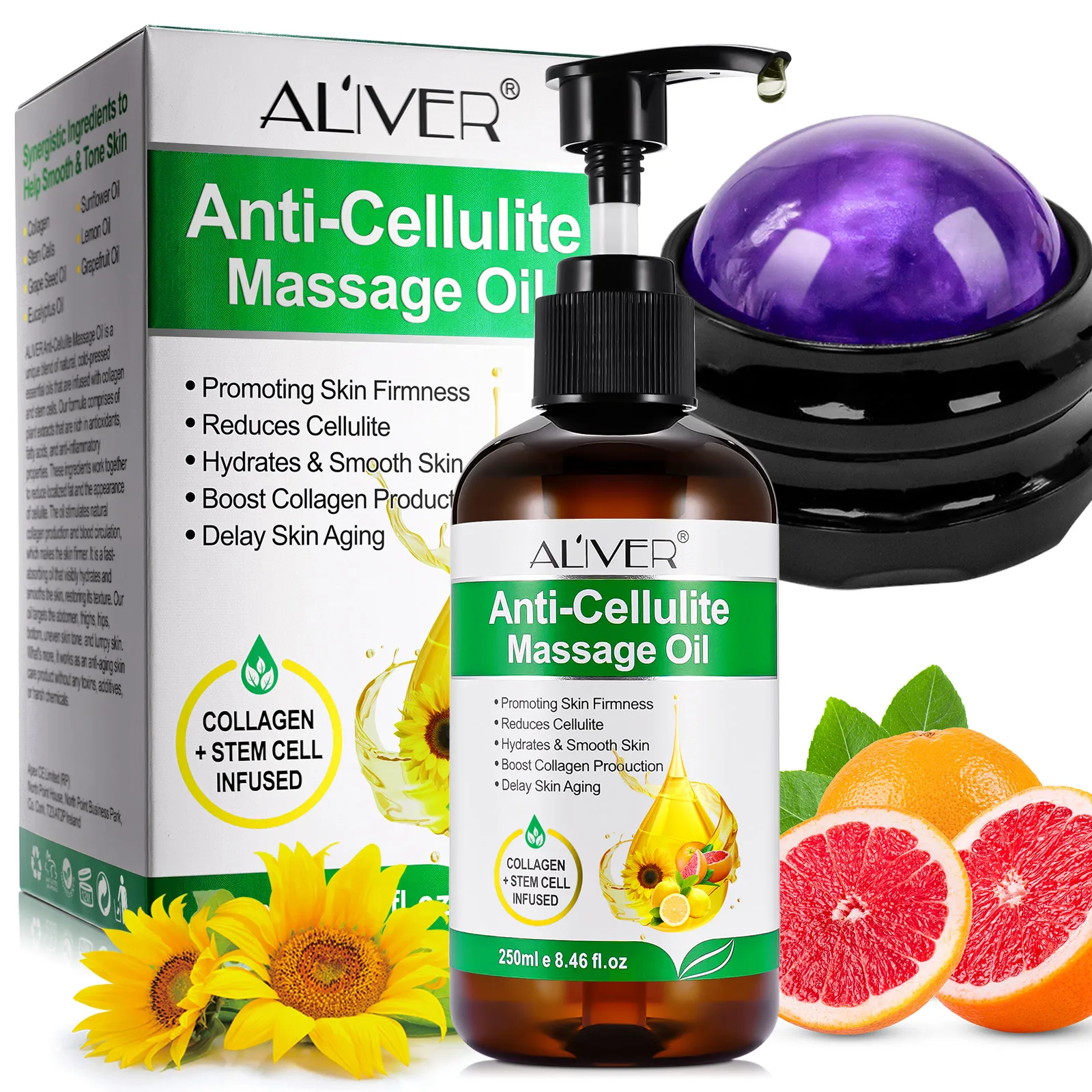 

ALIVER Body Relaxing Sore Muscle Therapy Oil Infused Collagen Stem Cell Instant Toning Firming Anti Cellulite Massage Oil