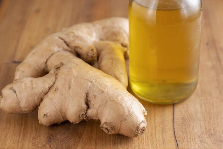 Close-up of fresh ginger root and apple cider vinegar bottle on wooden table