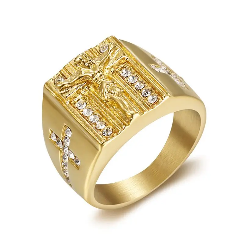 Stainless Steel Jesus Cross 18K Gold Plated Diamond Titanium Steel Ring Religion Rings