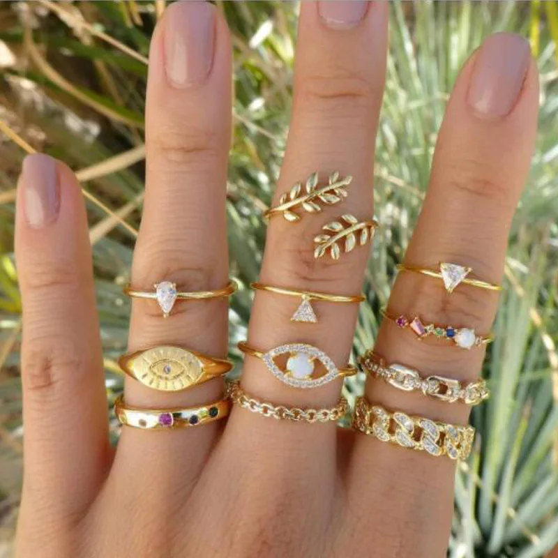 

11pcs/set Wholesale Bohemian Chain Leaf Evil Eye Triangle Rainbow Color Crystal Knuckle Finger Ring for Women, Antique silver