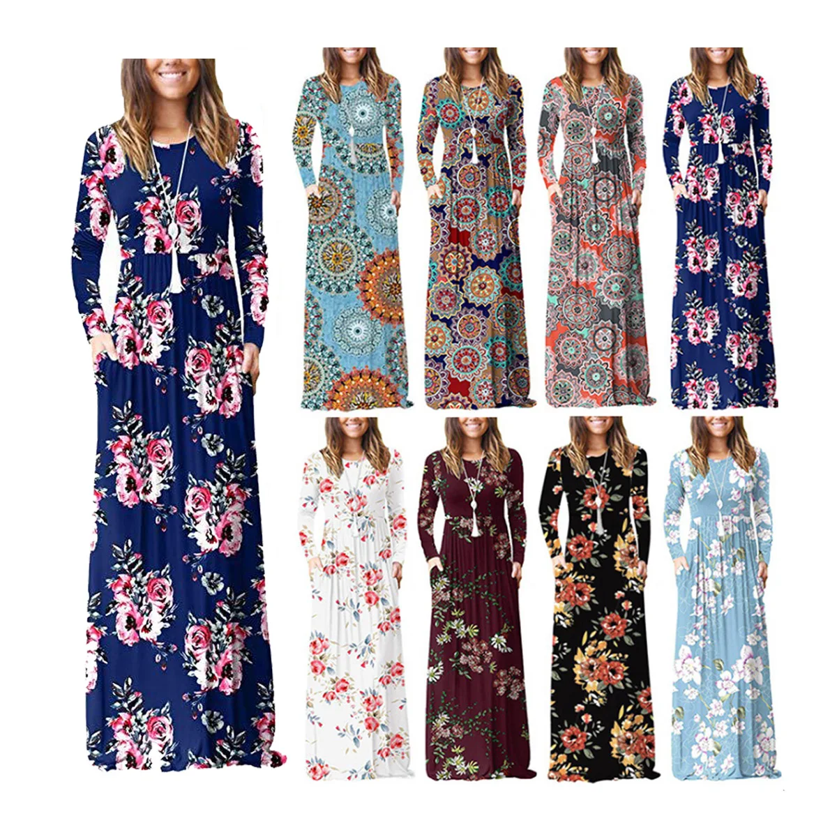 

Women's Long Sleeve Loose High Waist Maxi Dresses Casual Long Dresses with Pockets, 7 colors