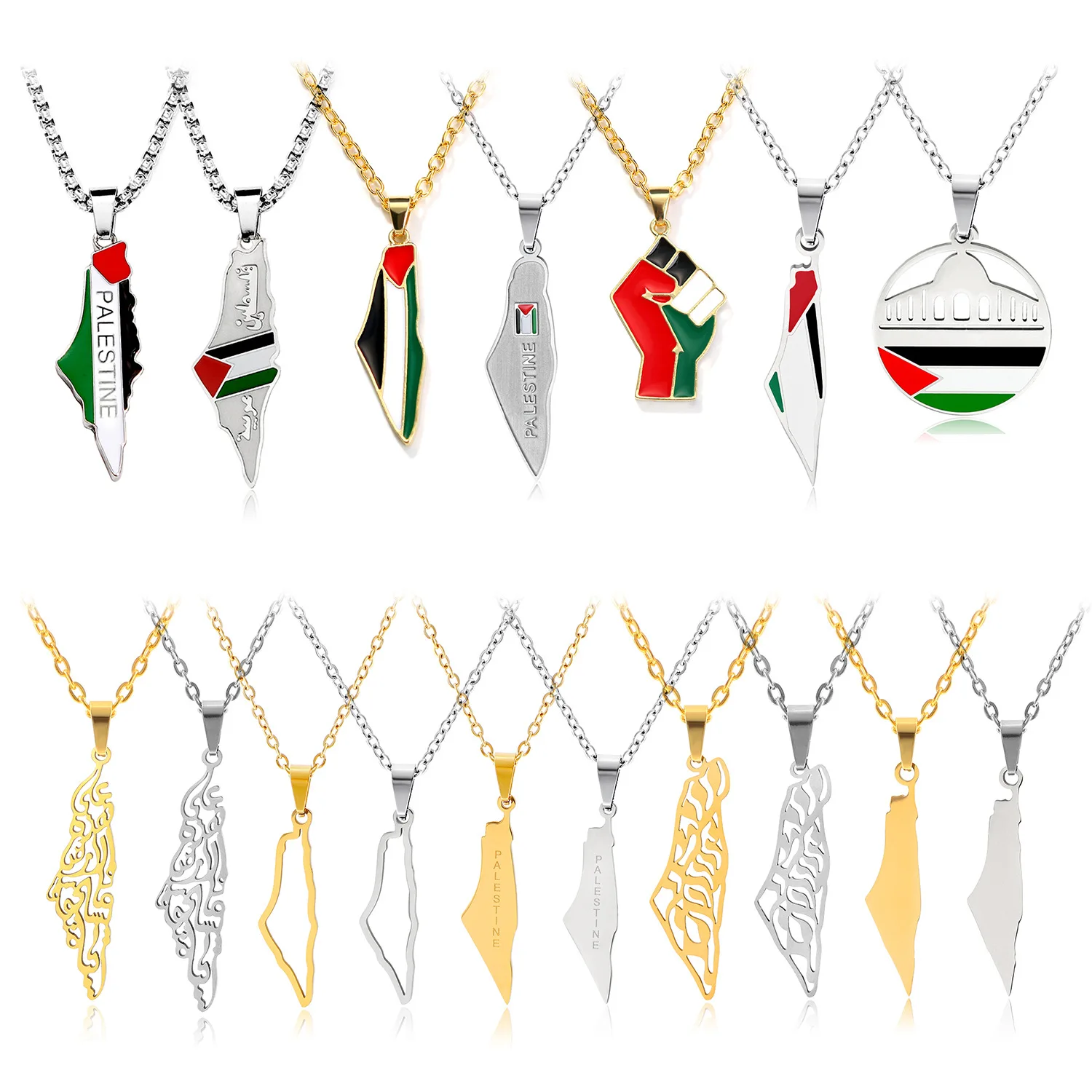 Factory Enameled Palestine Map Chain Necklace Stainless Steel 18K Gold Plated Enamel Palestine National Flag Pendant Necklace