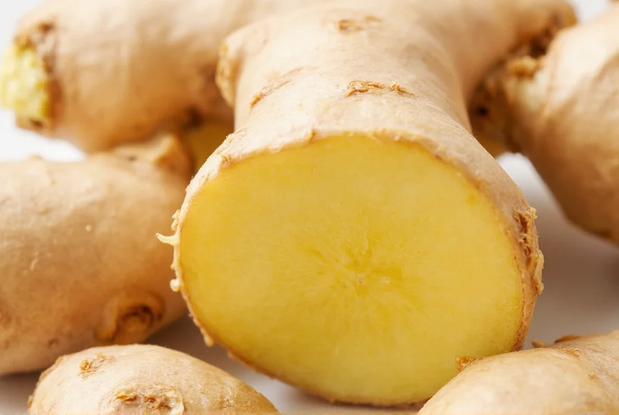 Close-up view of fresh ginger root showing fibrous texture and pale yellow interior