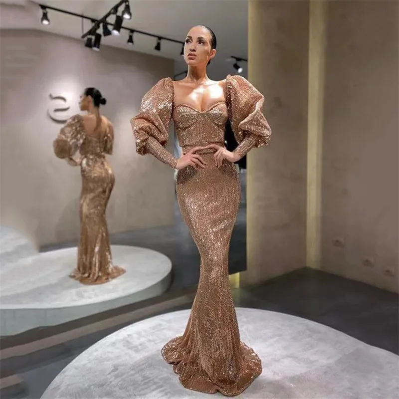 

A4866 High Quality Puff Sleeve Bandeau Sequins Ball Gowns Women Evening Dresses