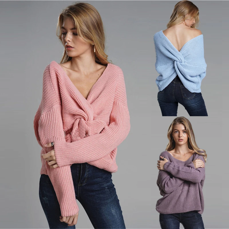 

Wholesale new fashion women casual plus size sweater blouse back twisted design pullover knit sexy sweater