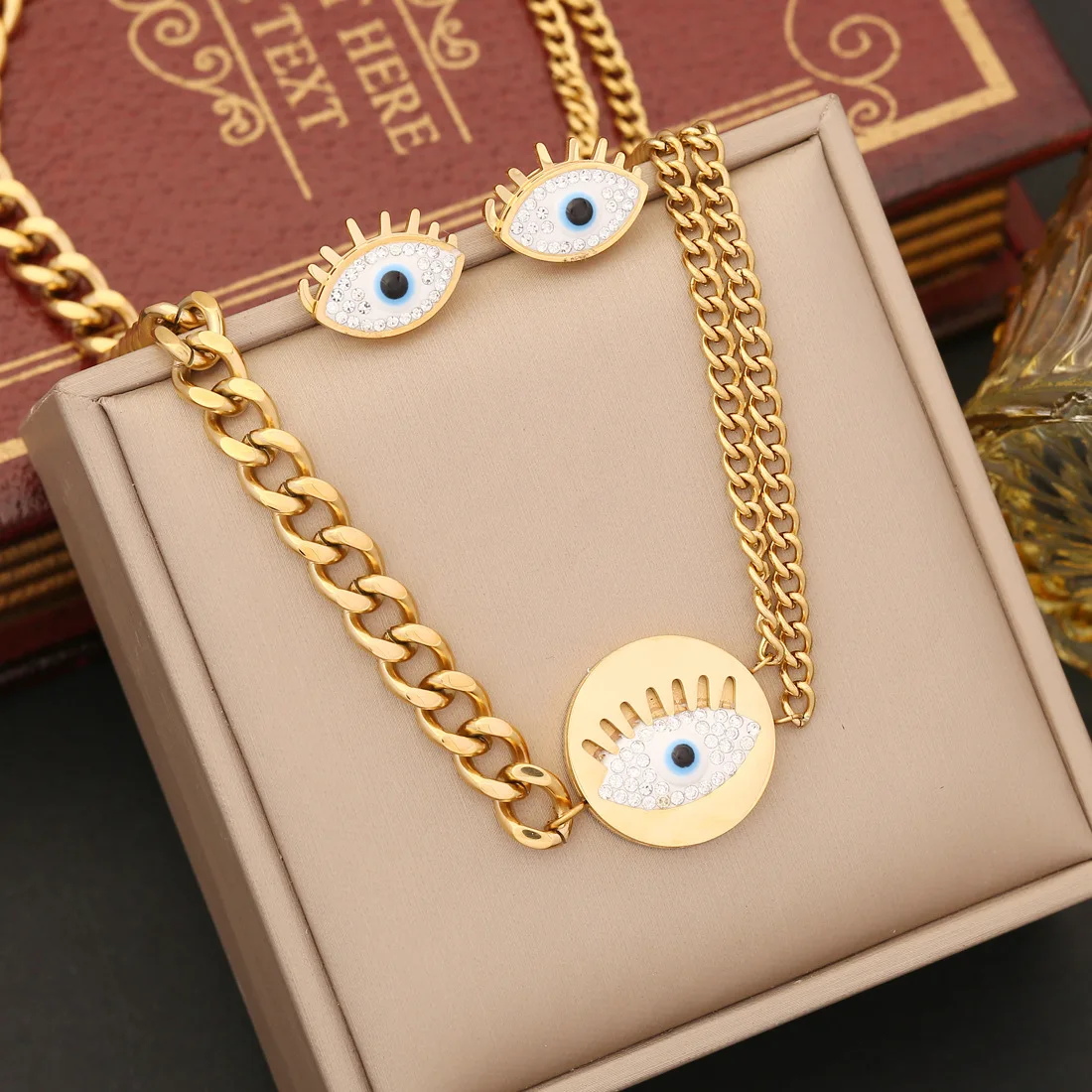 

2023 4pcs Non Tarnish 18k Gold Plated Stainless Steel Blue Zircon Devil Eye Necklace Earrings Jewelry Set For Women