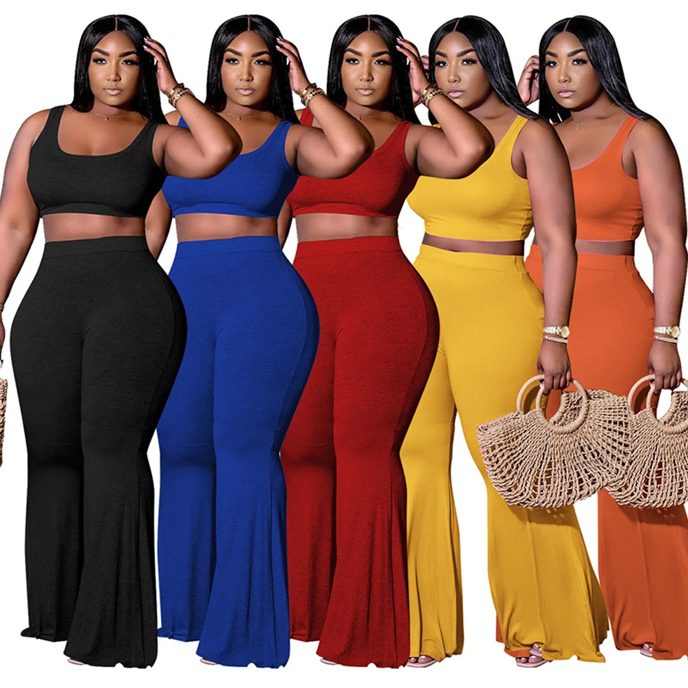 

2021 Summer Fashion Two Piece Pants Set Women Tank Flare Pants Solid Plus size Outfit Clothing, Wine red,black, orange, yellow, blue