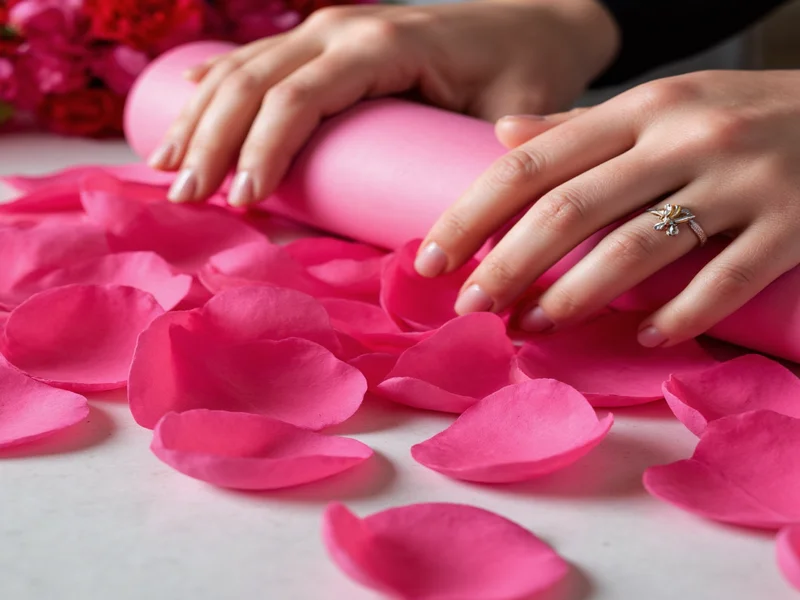 Close-up of hands rolling paper rose petals