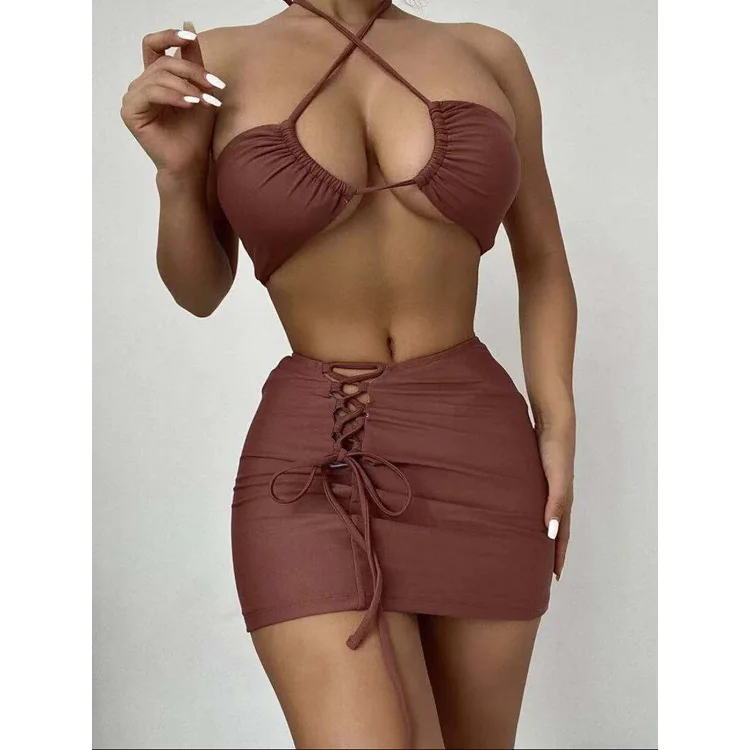 

New AliExpress Sexy Bikini Bathing Suit Solid Color Three Piece Swimwear, 1 color