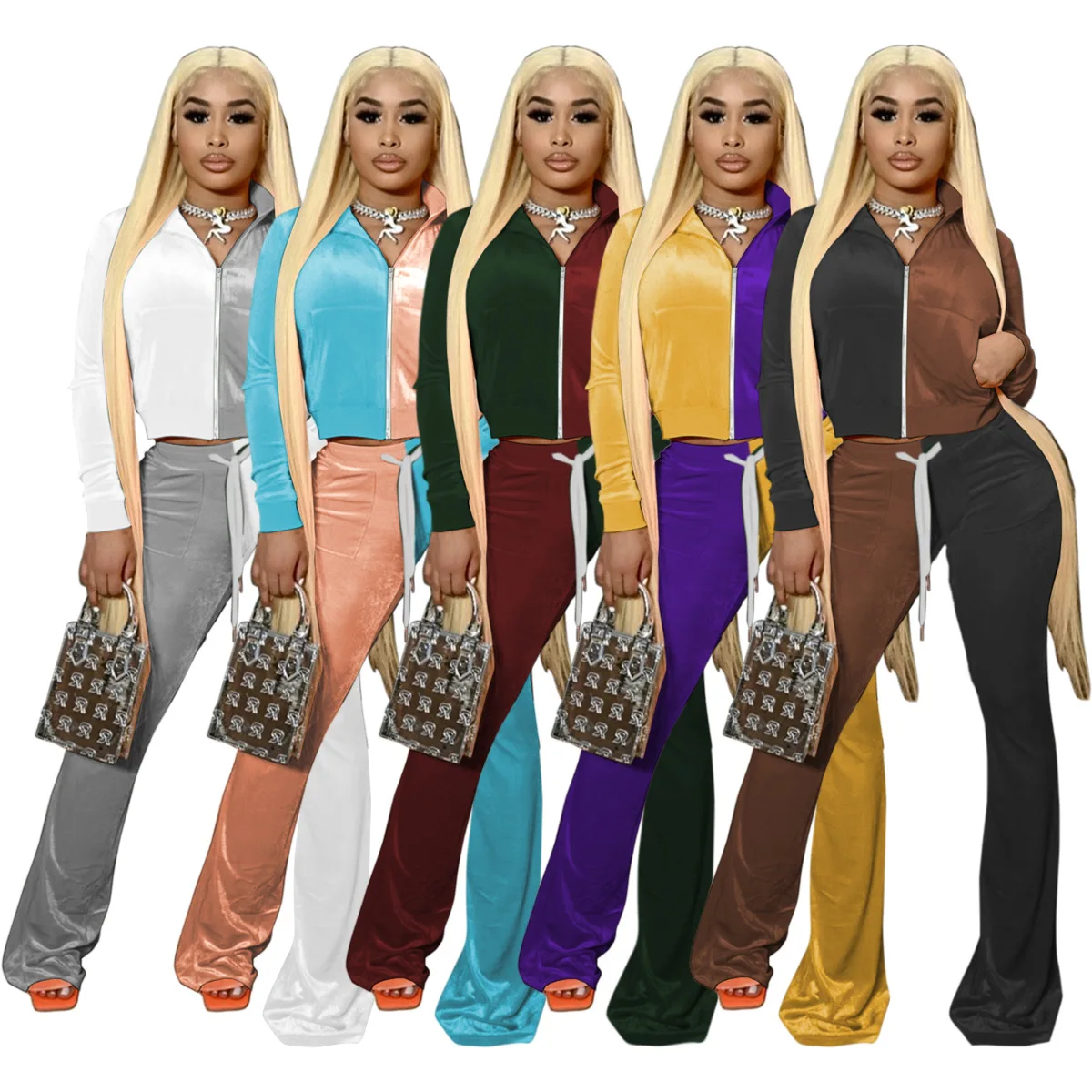 

10729-MX83 zipper long sleeve color matching two piece set clothing women pants sehe fashion