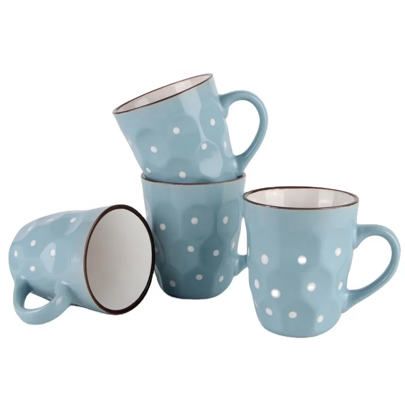 

13.5 oz Drum-shaped Handmade Light Sky Blue and White Polka Dot Emboss Ceramic Coffee Mug With Black Rim