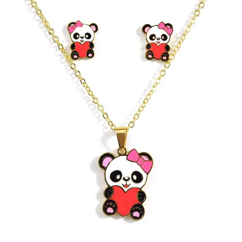 

Panda pendant high quality cheap necklace and earrings gold kids jewelry set 18k gold plated