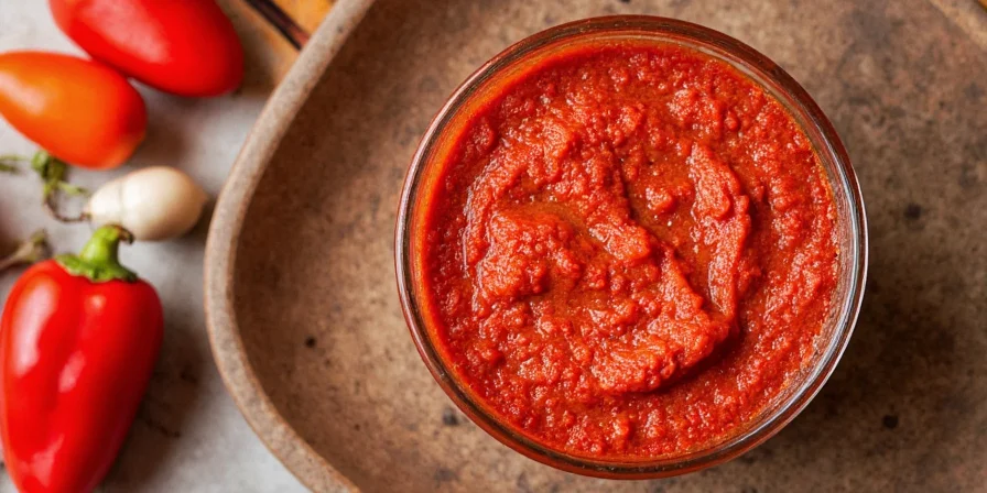Finished chili paste with peppers and utensils