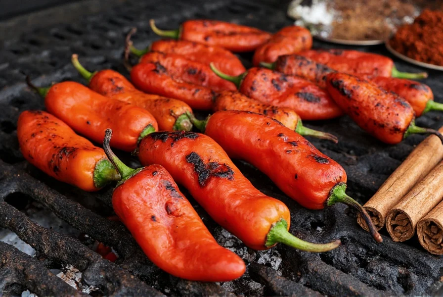 Anaheim peppers roasting on a grill, charred skin showing, with traditional Mexican spices nearby