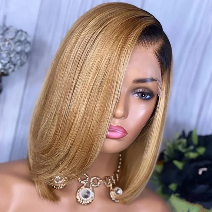 

Ombre Blonde Virgin Human Hair Bob Cut Lace Front Wig For Women Side Part Straight Glueless Pixie Bob Cut Wigs Lace Frontal, Blonde color