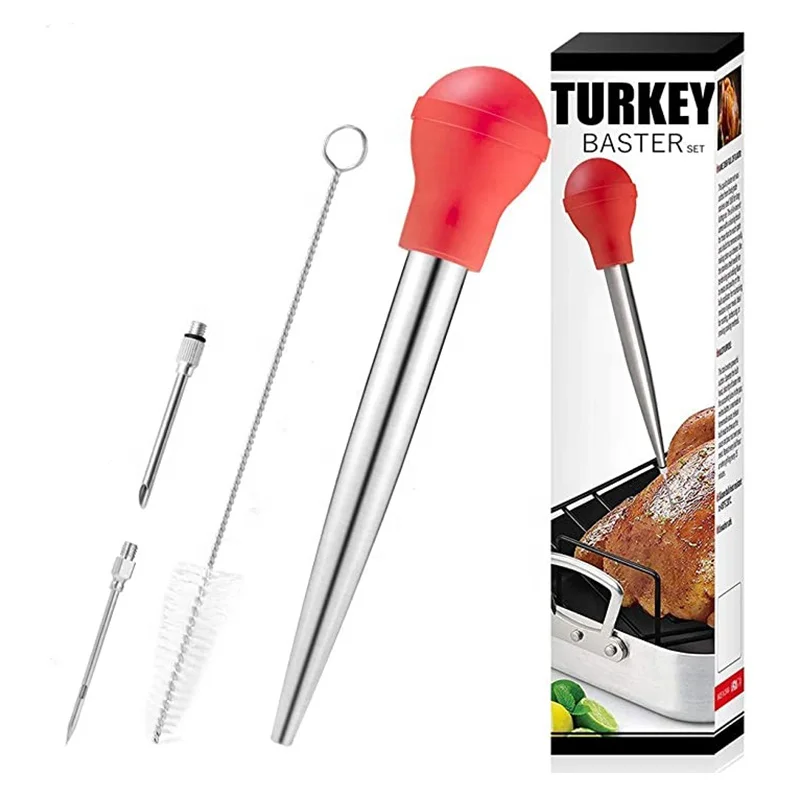 

Kitchen Tools 4pcs Stainless Steel Turkey Baster Syringe Injector Cooking Set With Needles And Cleaning Brush For Home, Red,black