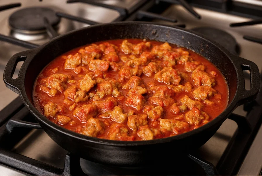 Cast iron pot simmering texas chili with beef chunks and rich red sauce on stove