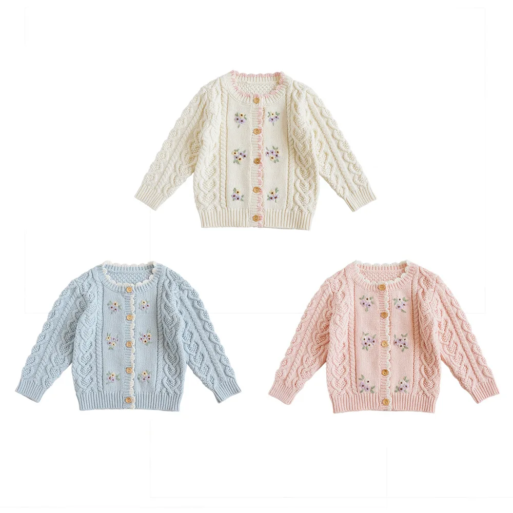 

Ivy10463A 2020 Autumn sweet knitting outerwear clothing girl baby cute embroidered cardigan sweater, Pink,blue, creamy-white