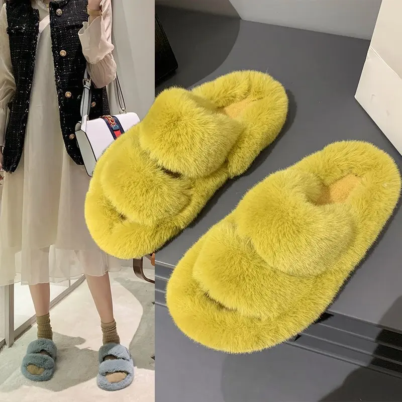 

Yezzy design Indoor Bedroom Flat slide Women Rabbit Winter Home Faux Fur Warm Slippers