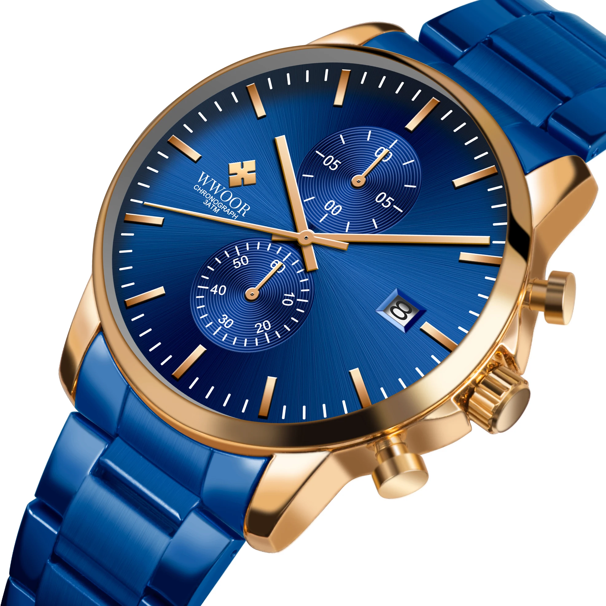 

Blue stainless steel band quartz watches men wrist with custom logo, 8 colors