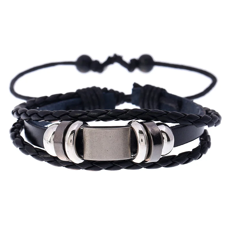

2022 Punk new Korean version of simple alloy pendant cowhide bracelet fashion trend beaded woven student bracelet